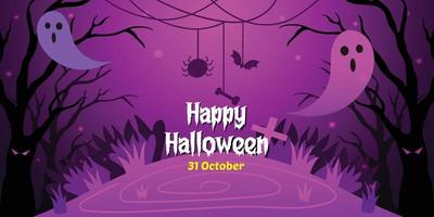 joyeux halloween vente promotion bannière flyer ou affiche illustrations vectorielles avec un fond violet foncé effrayant. araignée, chauve souris, crâne, arbre, nuit effrayante vecteur