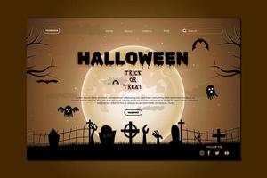 conception de site Web joyeux halloween. modèle de page de destination halloween plat avec des silhouettes de citrouilles, de chauves-souris et de maison hantée vecteur