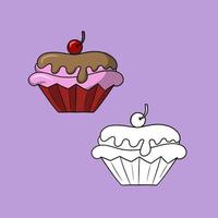 un ensemble d'images, un gros gâteau délicieux, un délicieux petit gâteau rose avec une délicate crème au chocolat et des baies de cerise, une illustration vectorielle en style cartoon sur fond coloré vecteur