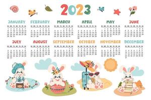 calendrier 2023. planificateur horizontal avec lapin mignon à différentes saisons. lapin de personnage de dessin animé comme symbole du nouvel an. la semaine commence le dimanche. illustration vectorielle plate vecteur