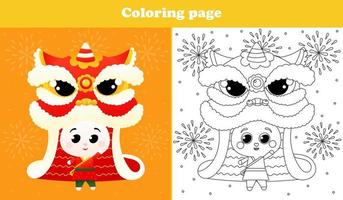 page de coloriage imprimable pour les enfants avec un lapin mignon en costume traditionnel chinois, festival de danse du lion et de feux d'artifice, feuille de travail de bonne année en style cartoon vecteur