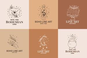 ensemble de logos ésotériques boho mystic doodle. icône d'art de ligne magique avec main, feuille, poison, livre, lune vecteur