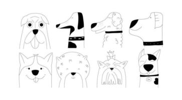 ensemble de portraits émotionnels élégants de différentes races de chiens dans un style doodle. illustration vectorielle dans un style plat vecteur