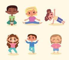 six personnages de yoga pour enfants vecteur