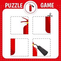 jeu de puzzle pour les enfants. extincteur d'incendie. pratique de coupe. feuille de travail de développement de l'éducation. page d'activité. vecteur