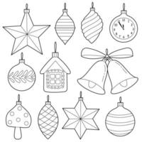 ensemble de jouets de sapin de noël. ensemble incolore de vecteur. éléments de conception ou page de livre de coloriage pour enfants. vecteur