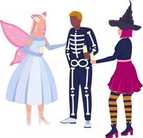 amis avec des costumes célébrant les personnages vectoriels de couleur semi-plat halloween. chiffres modifiables. personnes de tout le corps sur blanc. illustration de style dessin animé simple pour la conception graphique et l'animation web vecteur