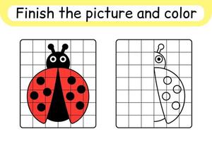 compléter l'image coccinelle. copier l'image et la couleur. terminer l'image. livre de coloriage. jeu d'exercices de dessin éducatif pour les enfants vecteur