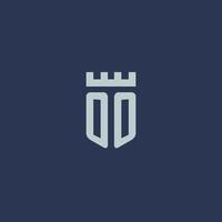 monogramme du logo oo avec un château de forteresse et un design de style bouclier vecteur