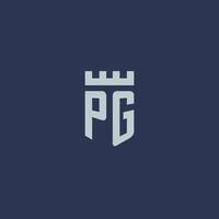 monogramme du logo pg avec un château de forteresse et un design de style bouclier vecteur