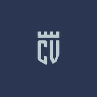 monogramme du logo cv avec un château de forteresse et un design de style bouclier vecteur