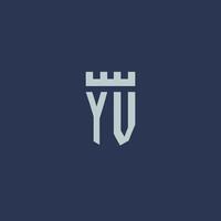 monogramme du logo yv avec un château de forteresse et un design de style bouclier vecteur