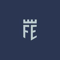 monogramme du logo fe avec un château de forteresse et un design de style bouclier vecteur