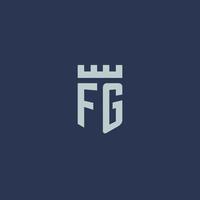 monogramme du logo fg avec un château de forteresse et un design de style bouclier vecteur