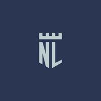 monogramme du logo nl avec un château de forteresse et un design de style bouclier vecteur