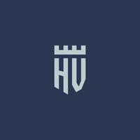 monogramme du logo hv avec un château de forteresse et un design de style bouclier vecteur