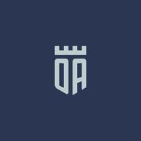 monogramme du logo oa avec un château de forteresse et un design de style bouclier vecteur