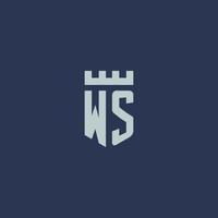 monogramme du logo ws avec un château de forteresse et un design de style bouclier vecteur