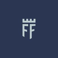 monogramme du logo ff avec un château de forteresse et un design de style bouclier vecteur