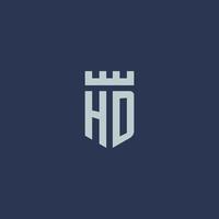 monogramme de logo hd avec château de forteresse et design de style bouclier vecteur