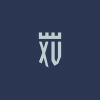 monogramme du logo xv avec un château de forteresse et un design de style bouclier vecteur