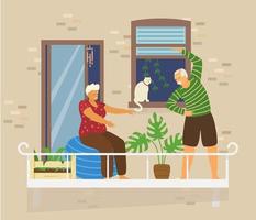 vieux couple faisant des exercices sur un balcon confortable avec chat et plantes. extérieur de la maison en brique. activités à domicile. rester à la maison. illustration vectorielle plane. vecteur