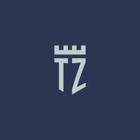 monogramme du logo tz avec un château de forteresse et un design de style bouclier vecteur