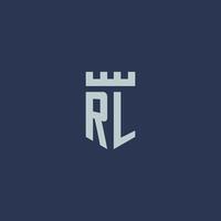 monogramme du logo rl avec un château de forteresse et un design de style bouclier vecteur