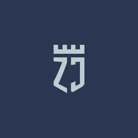 monogramme du logo zj avec un château de forteresse et un design de style bouclier vecteur