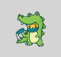 joli bébé crocodile porte un masque. illustration isolée de concept de nature animale de dessin animé. style plat adapté au vecteur de logo premium de conception d'icône d'autocollant. personnage mascotte