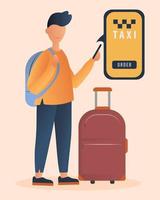 un homme commande un taxi via l'application. application de taxi. touriste avec sac à dos et valise. illustration vectorielle. vecteur