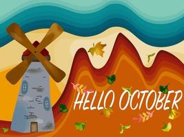 Bonjour octobre. illustration d'automne. kit feuilles d'automne avec moulin vecteur