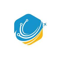 création de logo vectoriel de technologie de voyage. concept de logo de voyage numérique.