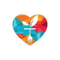 modèle de logo d'aliments sains. coeur avec le symbole de la fourchette et de la feuille. vecteur
