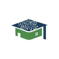 concept de conception de logo d'école de technologie. technologie intelligente artificielle avec capuchon de graduation et logo de la maison. vecteur