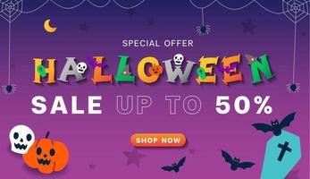 publicité mignonne halloween dessin animé marketing en ligne promotion vente jusqu'à 50 rectangle bannière web carte d'invitation vecteur fond violet crâne, citrouille, chauve-souris, araignée boutique en ligne maintenant bouton