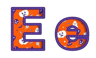 joli heureux halloween e alphabet capitale petit lettre fête police typographie caractère dessin animé effrayant horreur coloré papier découpé type designe célébration vecteur illustration crâne citrouille chauve-souris chapeau de sorcière