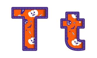 joli heureux halloween t alphabet capitale petit lettre fête police typographie caractère dessin animé effrayant horreur coloré papier découpé type designe célébration vecteur illustration crâne citrouille chauve-souris chapeau de sorcière