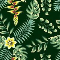 illustration avec fleur exotique de strelitzia jaune rouge. beau fond transparent avec plante tropicale sur dark. composition avec fleur et feuilles de palmier exotiques. conception de plage d'été. nature paradisiaque vecteur