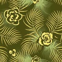 composition avec des plantes à fleurs et des feuilles de palmier exotiques motif sans couture sur fond vert foncé. illustration de feuillage de la jungle. vert et jaune. conception de vecteur décoratif. fond fleuri. art d'été