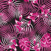 composition de motif tropical sans soudure de vecteur avec des feuilles de plantes roses brillantes et du feuillage sur fond sombre. motif exotique sans soudure avec des plantes tropicales. papier peint exotique. imprimé hawaii d'été à la mode.