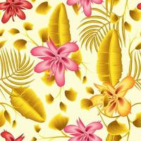 motif abstrait tendance sans couture avec des feuilles de palmier de banane tropicales colorées et un feuillage de plantes à fleurs d'hibiscus sur fond beige. conception de vecteur. imprimé jungle. fond fleuri. imprimés d'été exotiques vecteur