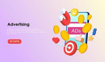 publicité mobile, campagne de médias sociaux, illustration de concept de marketing numérique vecteur