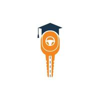 création de logo d'auto-école. clé de voiture avec route, volant et icône de cap de graduation. vecteur