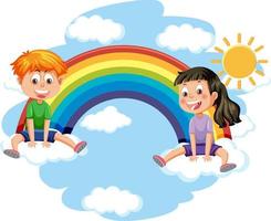 deux enfants assis nuage avec arc-en-ciel vecteur