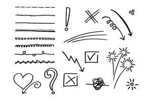 ensemble de vecteurs d'éléments de doodle, pour la conception de concepts. soulignement, amour, flèche, starburst, emmêlé et etc. vecteur
