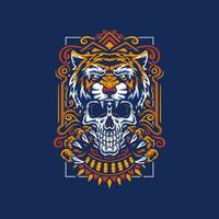 tigre et crâne, ligne dessinée à la main avec couleur numérique, illustration vectorielle, isolée sur fond sombre vecteur