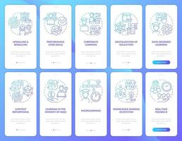 compétences pour la réussite professionnelle ensemble d'écrans d'application mobile d'intégration à gradient bleu. pas à pas en 5 étapes pages d'instructions graphiques avec des concepts linéaires. ui, ux, modèle d'interface graphique. vecteur