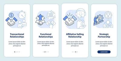 types de relations commerciales écran d'application mobile d'intégration bleu clair. procédure pas à pas en 4 étapes instructions graphiques modifiables avec des concepts linéaires. ui, ux, modèle d'interface graphique. vecteur