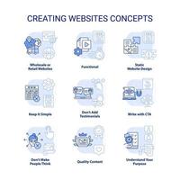 création de sites Web ensemble d'icônes de concept bleu clair. apprendre les illustrations de couleur de ligne mince idée de développement web. écrire avec cta. symboles isolés. trait modifiable. vecteur